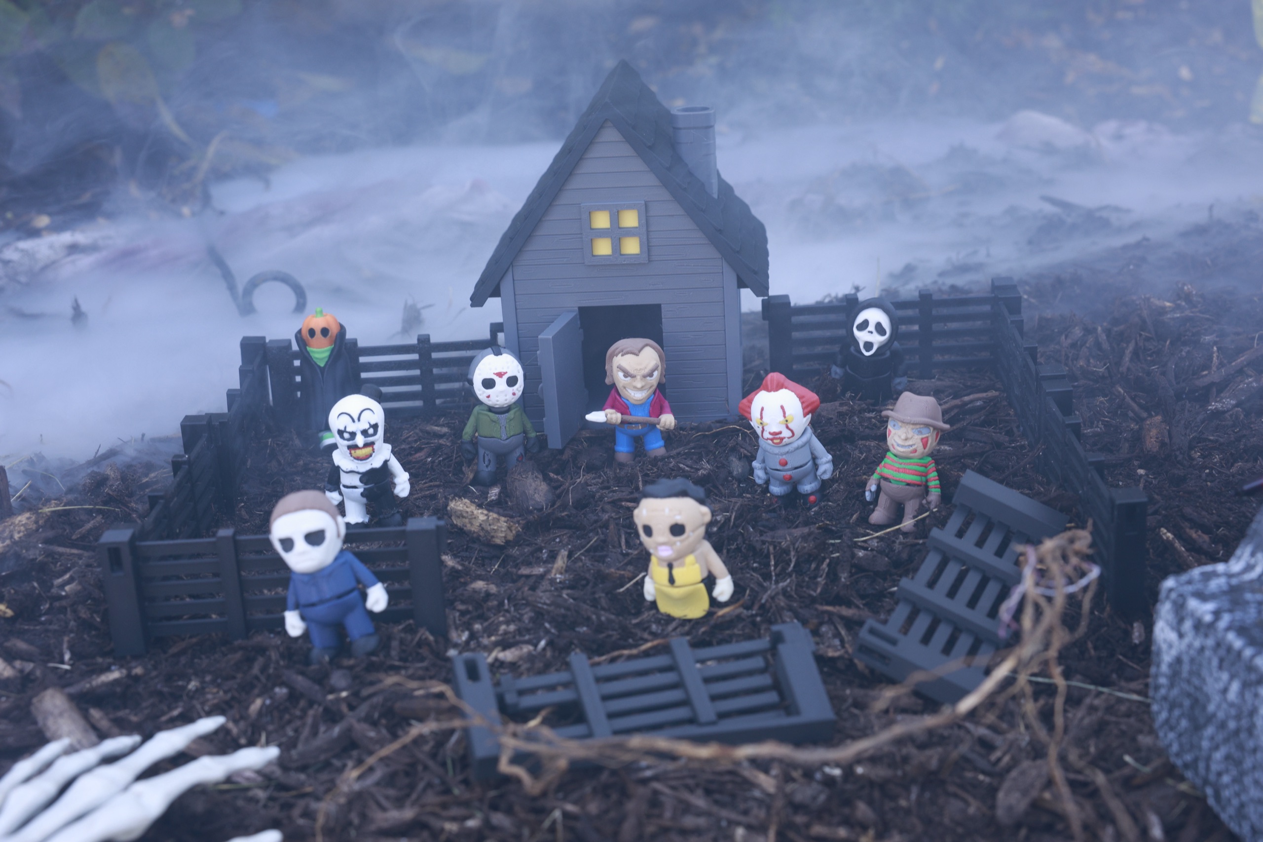 Halloween figures gathered in a spooky scene