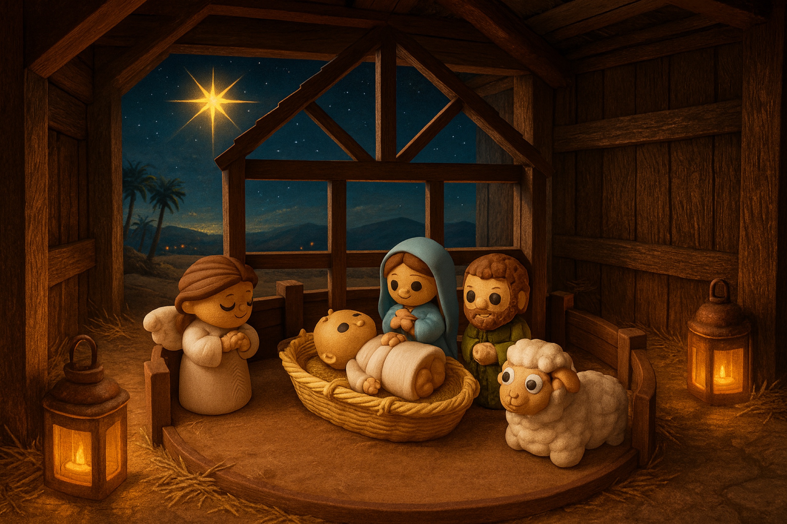 Nativity scene in a barn under the star