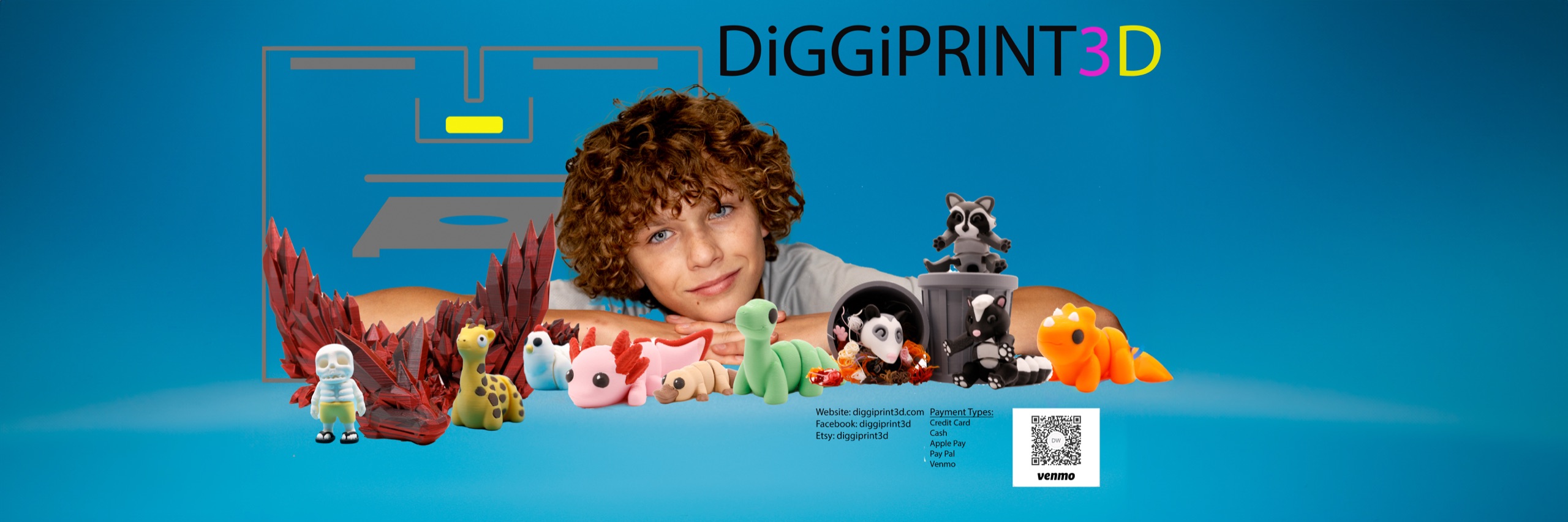 Drew, founder of DiGGiPRINT3D, with a lineup of his 3D-printed creations